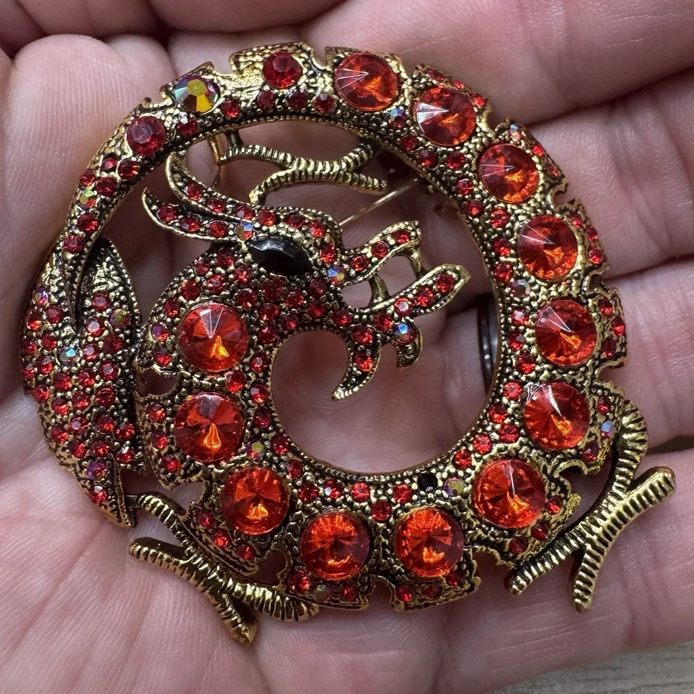 Anthropologie Red Dragon Brooch Gold Tone With Rhinestones Pendant